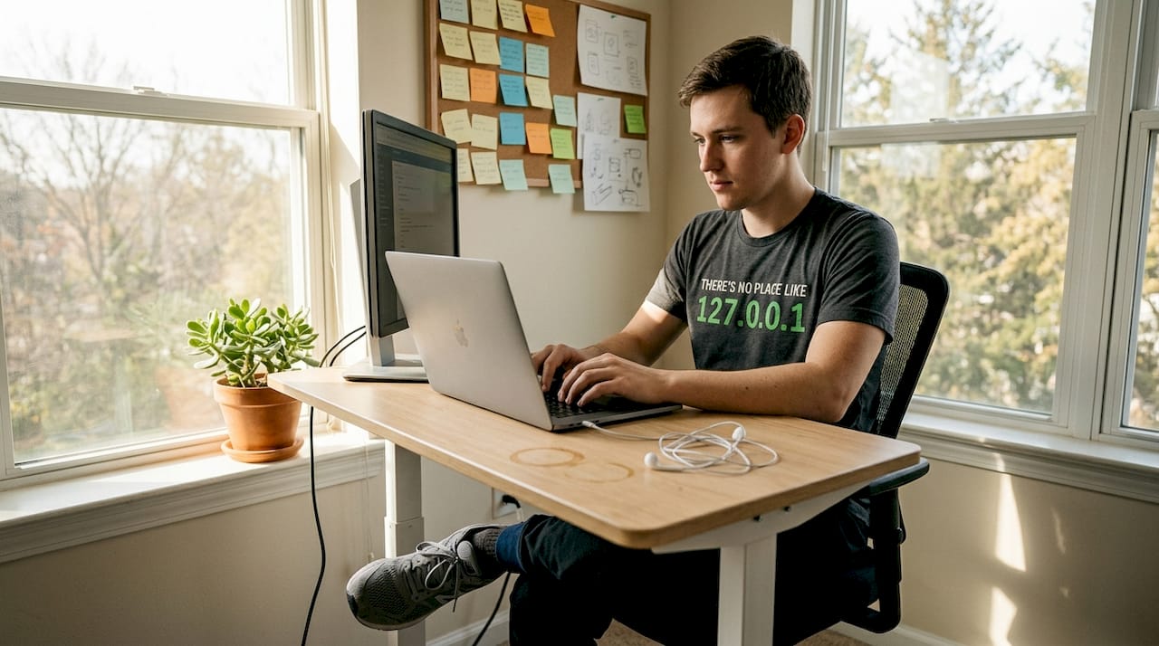 Developer in coding shirt at home office desk