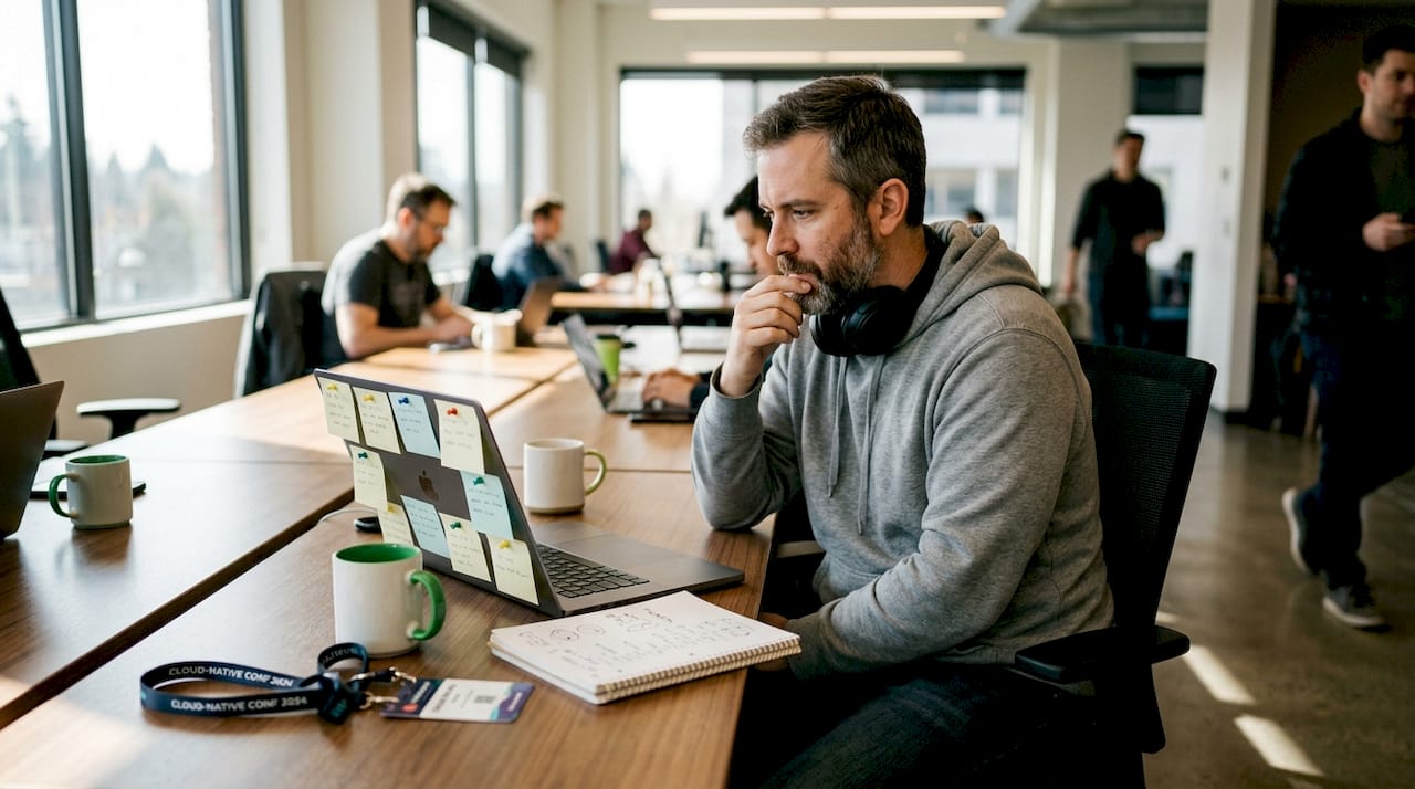 Developer reviewing tech slogans at busy workspace