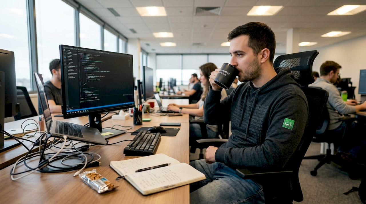 Developer wearing tech hoodie in office workspace