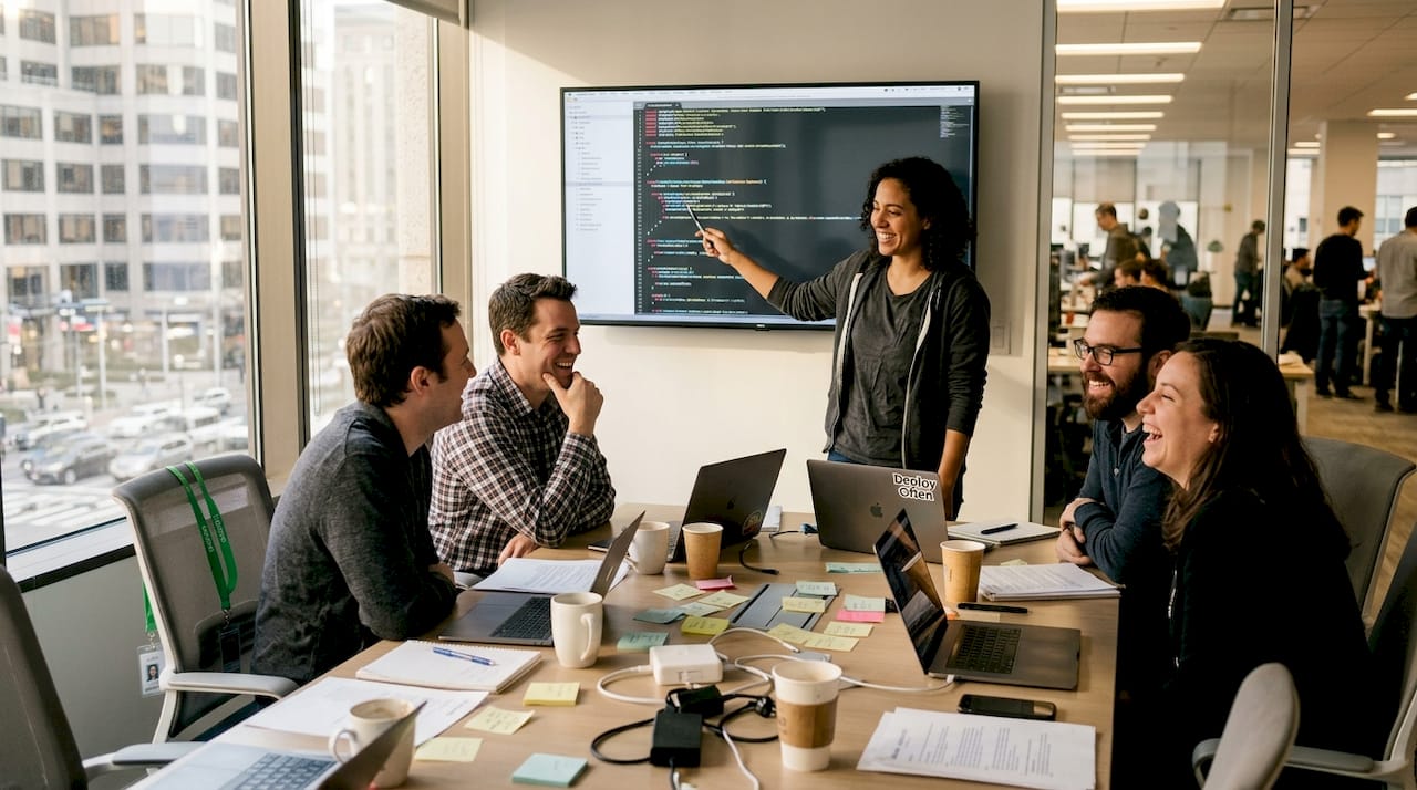 Developers laughing over code in office
