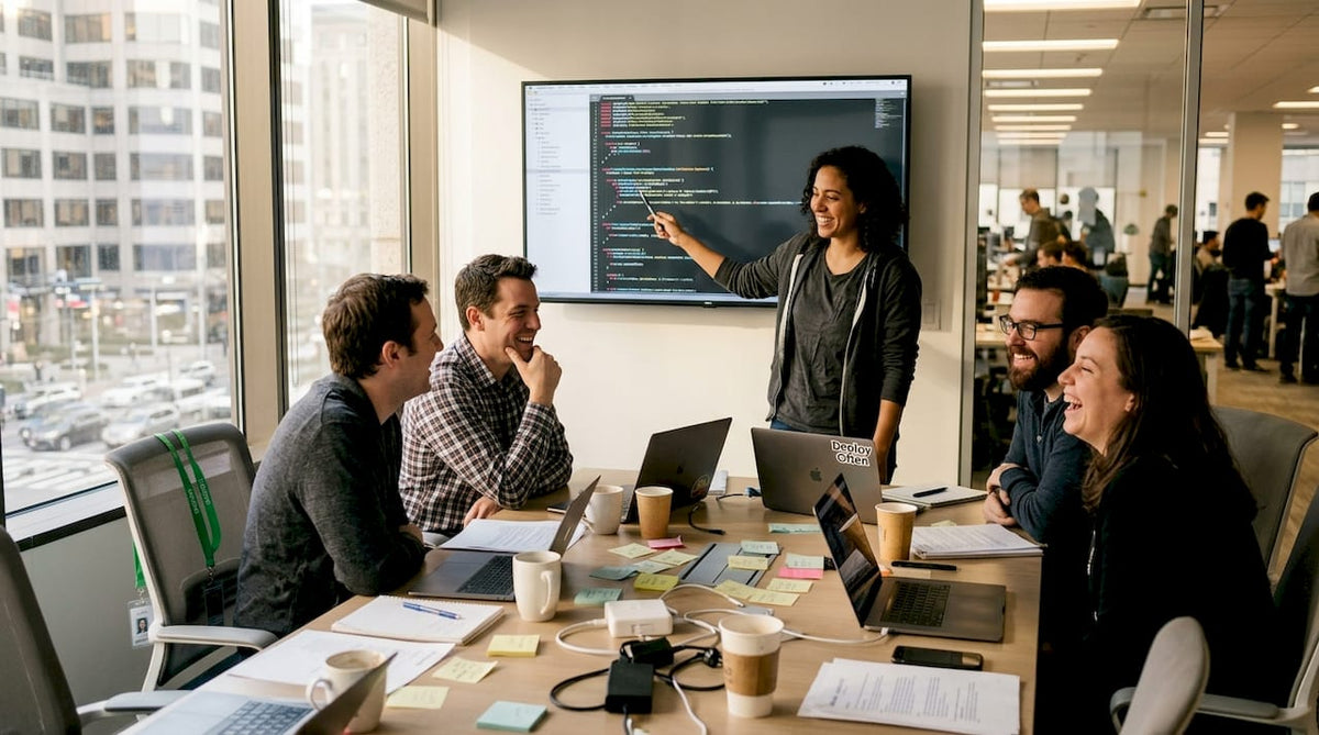 Developers laughing over code in office
