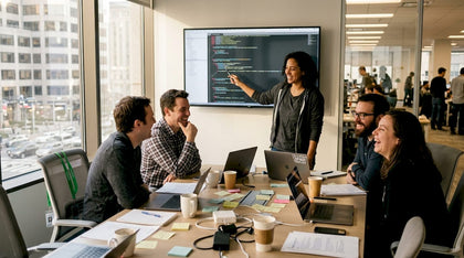 Developers laughing over code in office