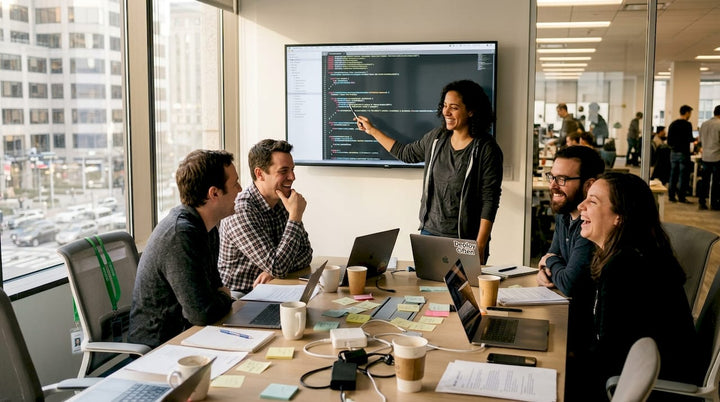 Developers laughing over code in office