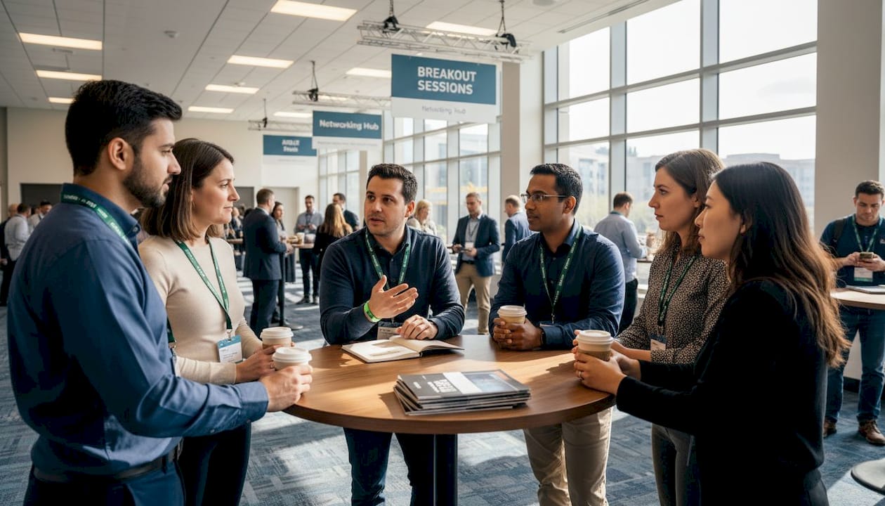 Tech professionals networking at conference lounge