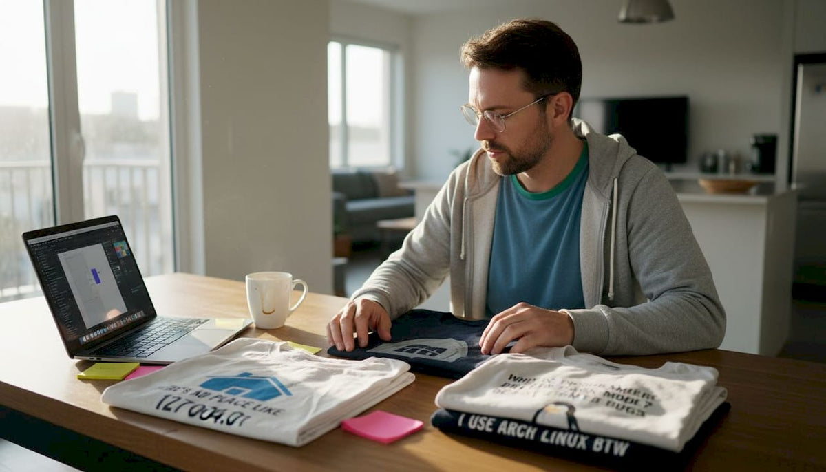 Developer reviewing humorous t-shirt designs at kitchen table