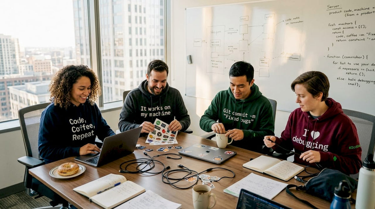 Tech team unpacking custom branded swag items