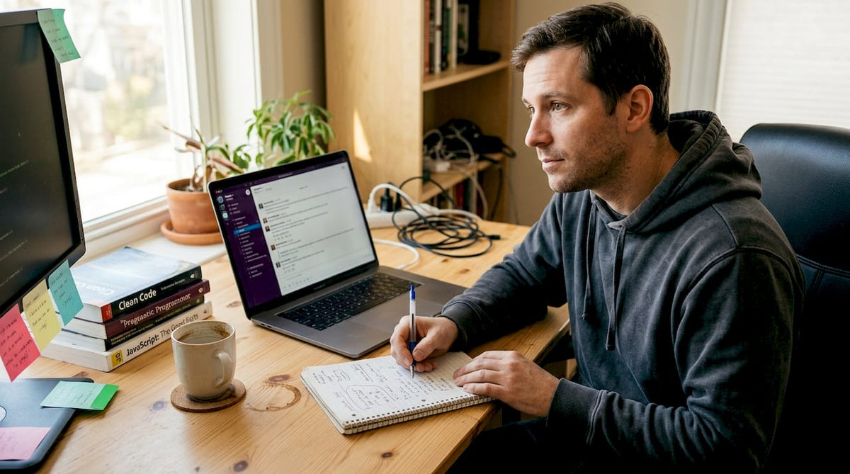 Developer brainstorming tech slogans in home office
