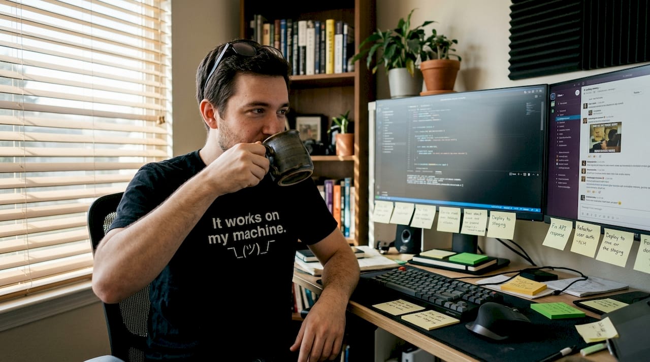 Developer wearing coding humor graphic shirt