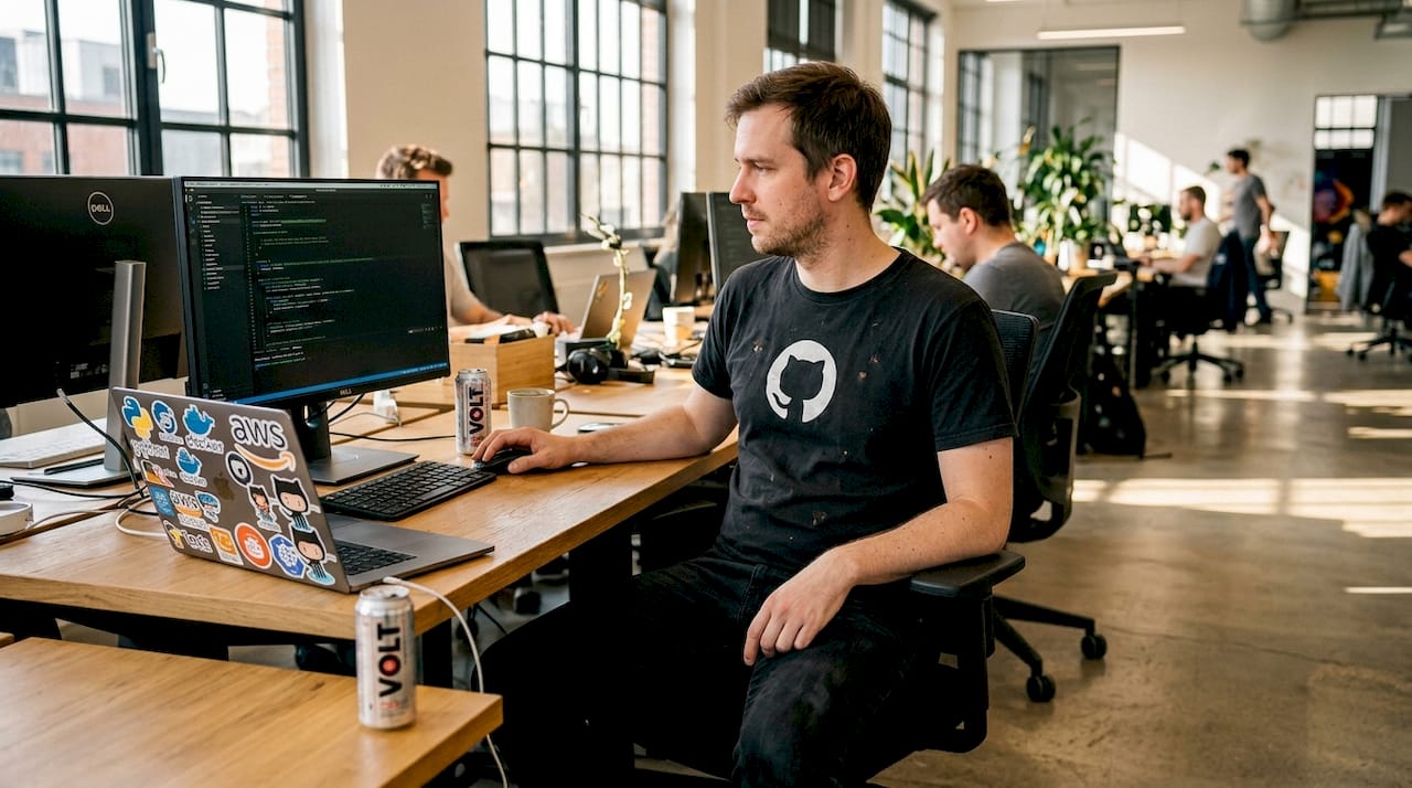 Developer wearing branded t-shirt at workspace