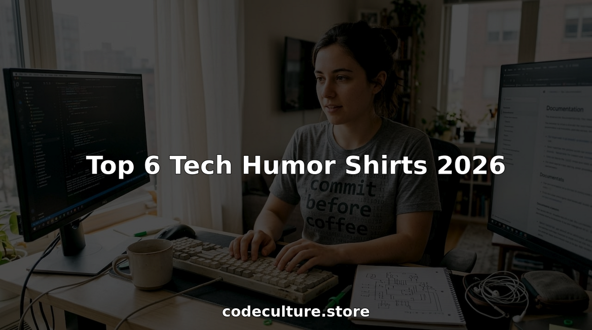 Developer wearing tech humor t-shirt at home office desk