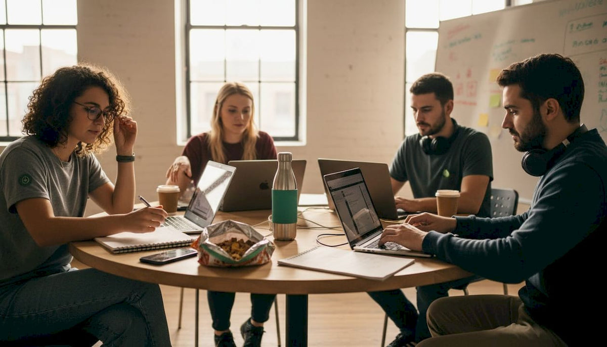 Developers collaborating around workspace table