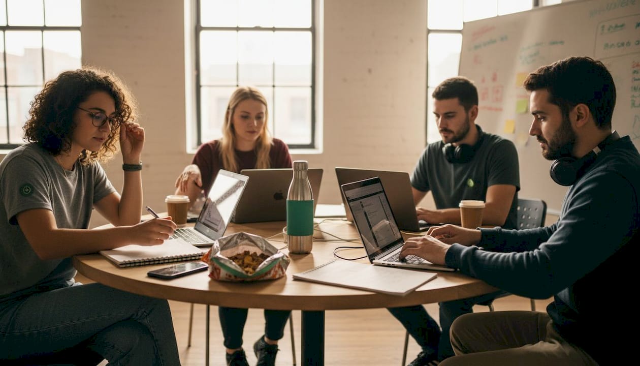 Developers collaborating around workspace table