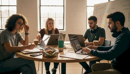 Developers collaborating around workspace table