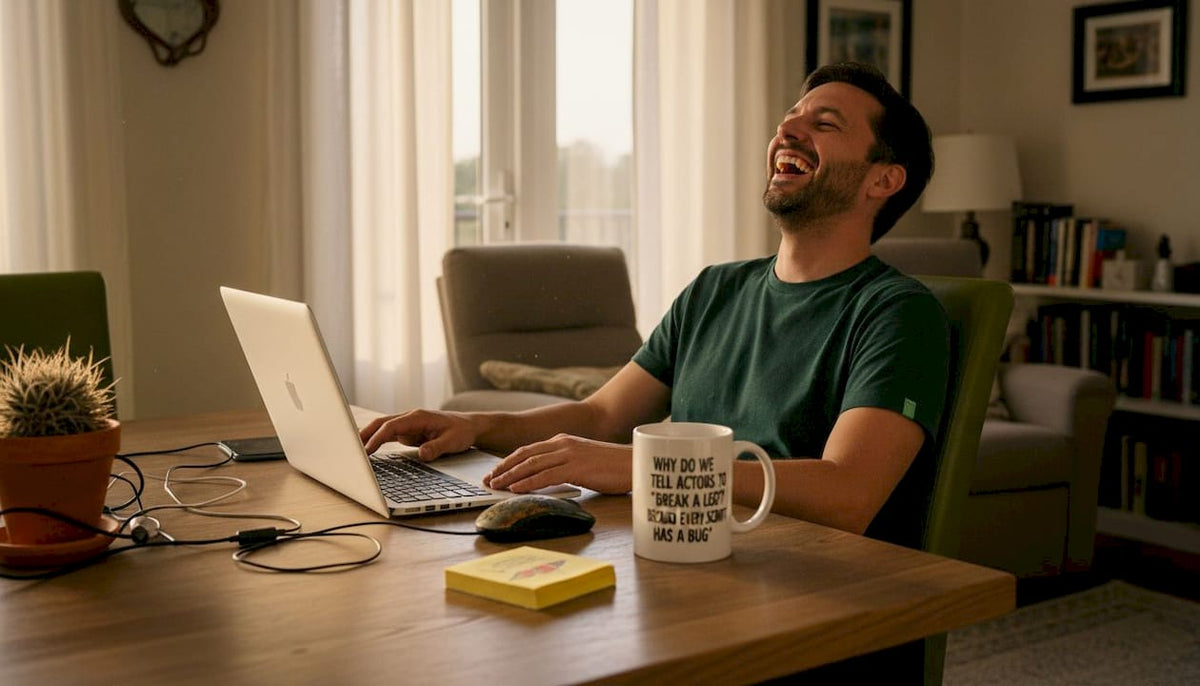 Developer laughing at laptop over tech joke