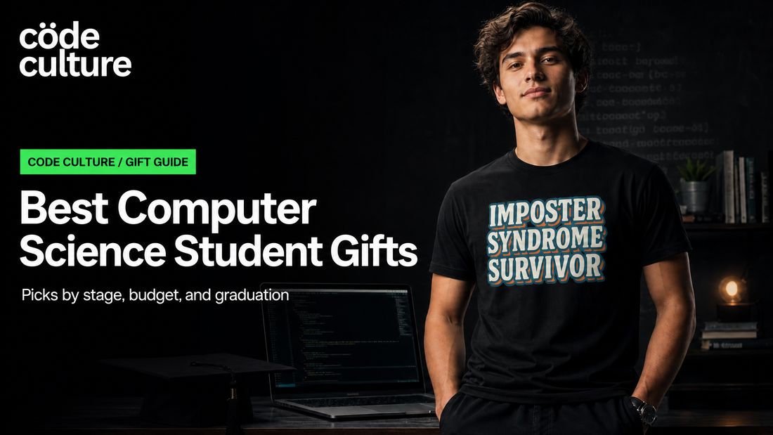 Best computer science student gifts blog hero: student wearing the Imposter Syndrome Survivor shirt beside a laptop of code