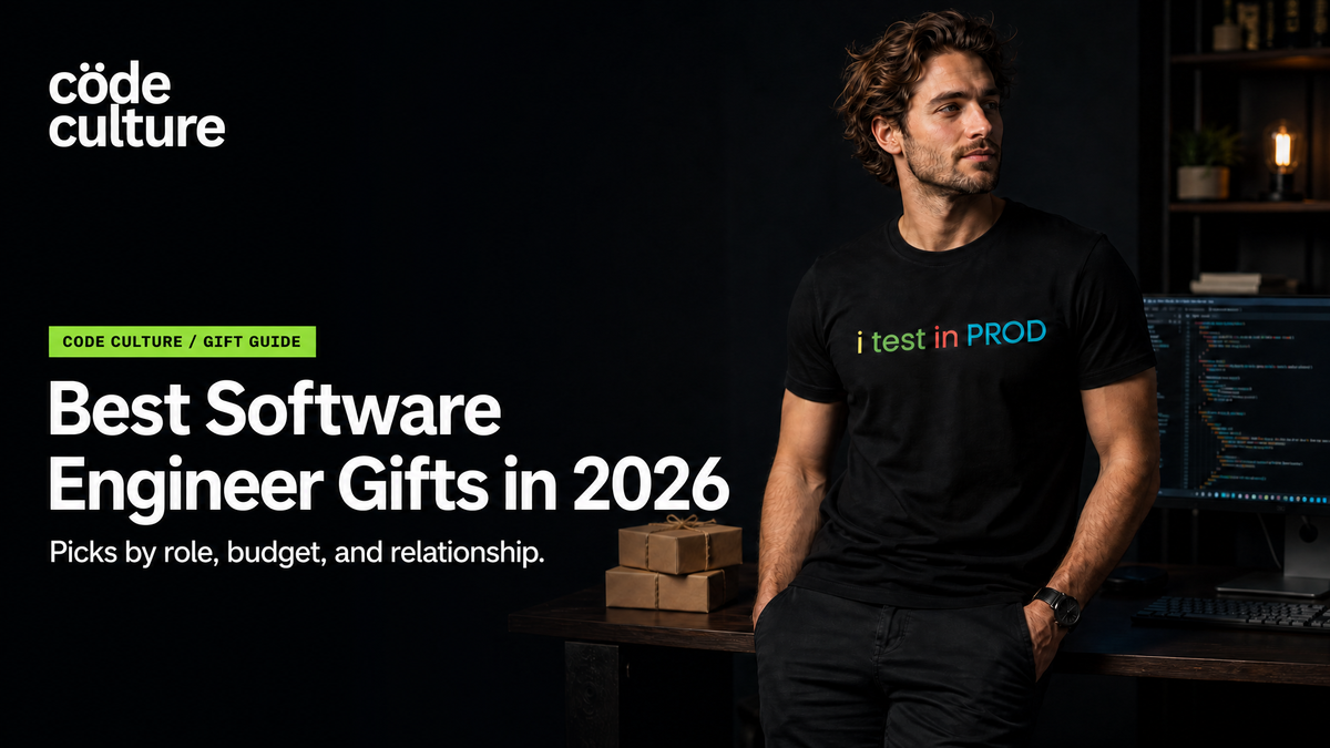 Best software engineer gifts 2026 blog hero: developer wearing the i test in PROD shirt beside kraft-wrapped gift boxes