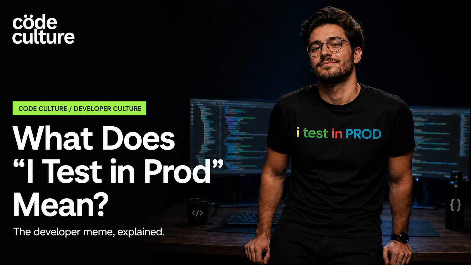 What does I Test in Prod mean: developer wearing the i test in PROD shirt in a dark studio