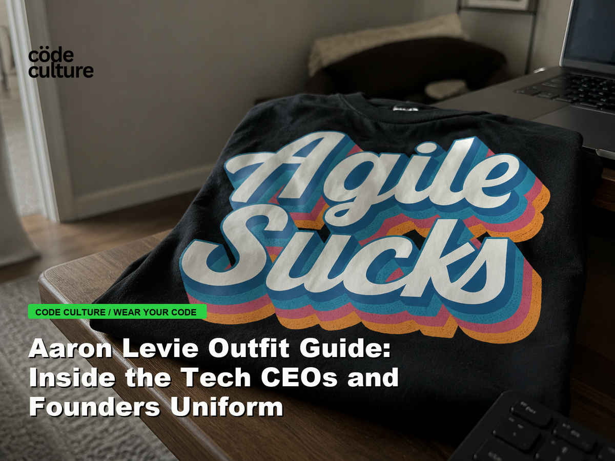 Code Culture blog banner for Aaron Levie Outfit Guide: Inside the Tech CEOs and Founders Uniform, featuring a agile suck developer t-shirt.