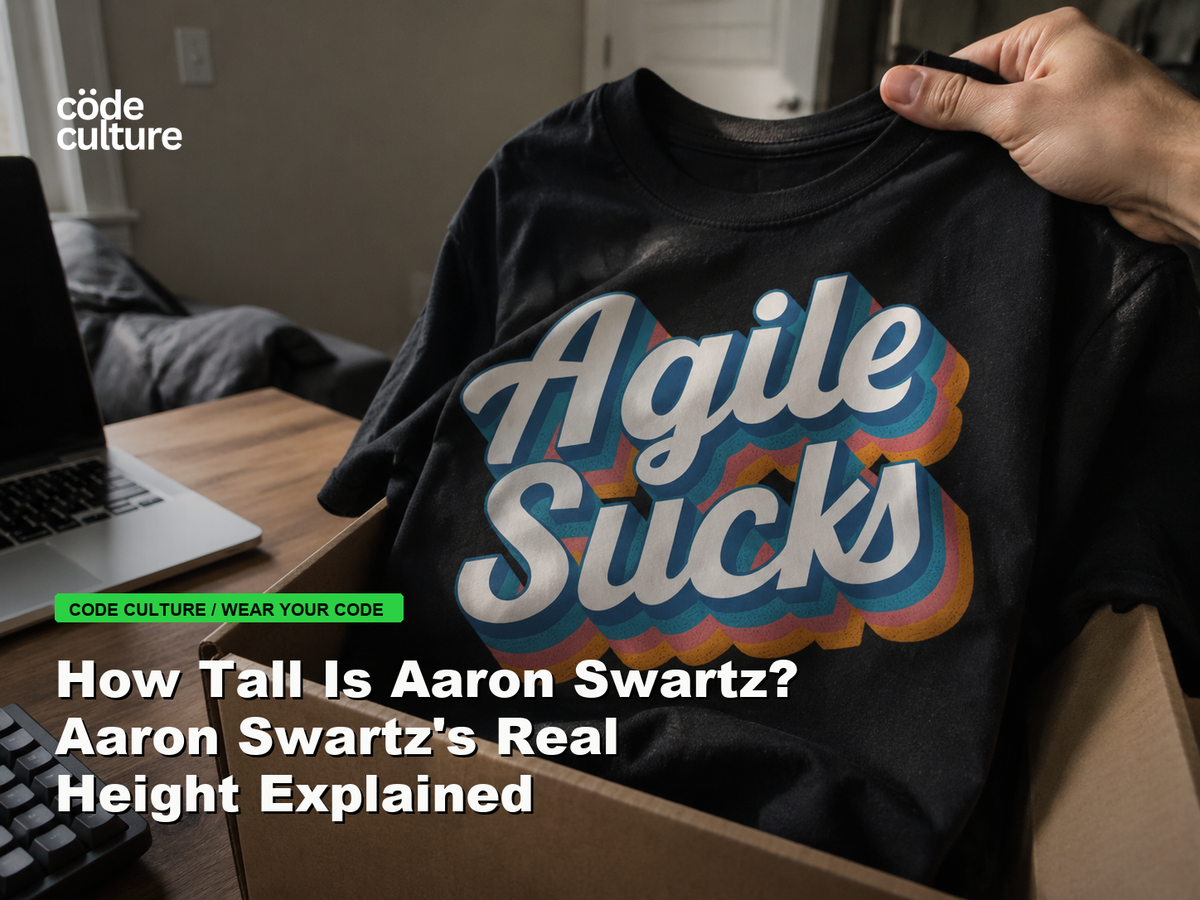 Code Culture blog banner for How Tall Is Aaron Swartz? Aaron Swartz's Real Height Explained, featuring a agile suck developer t-shirt.