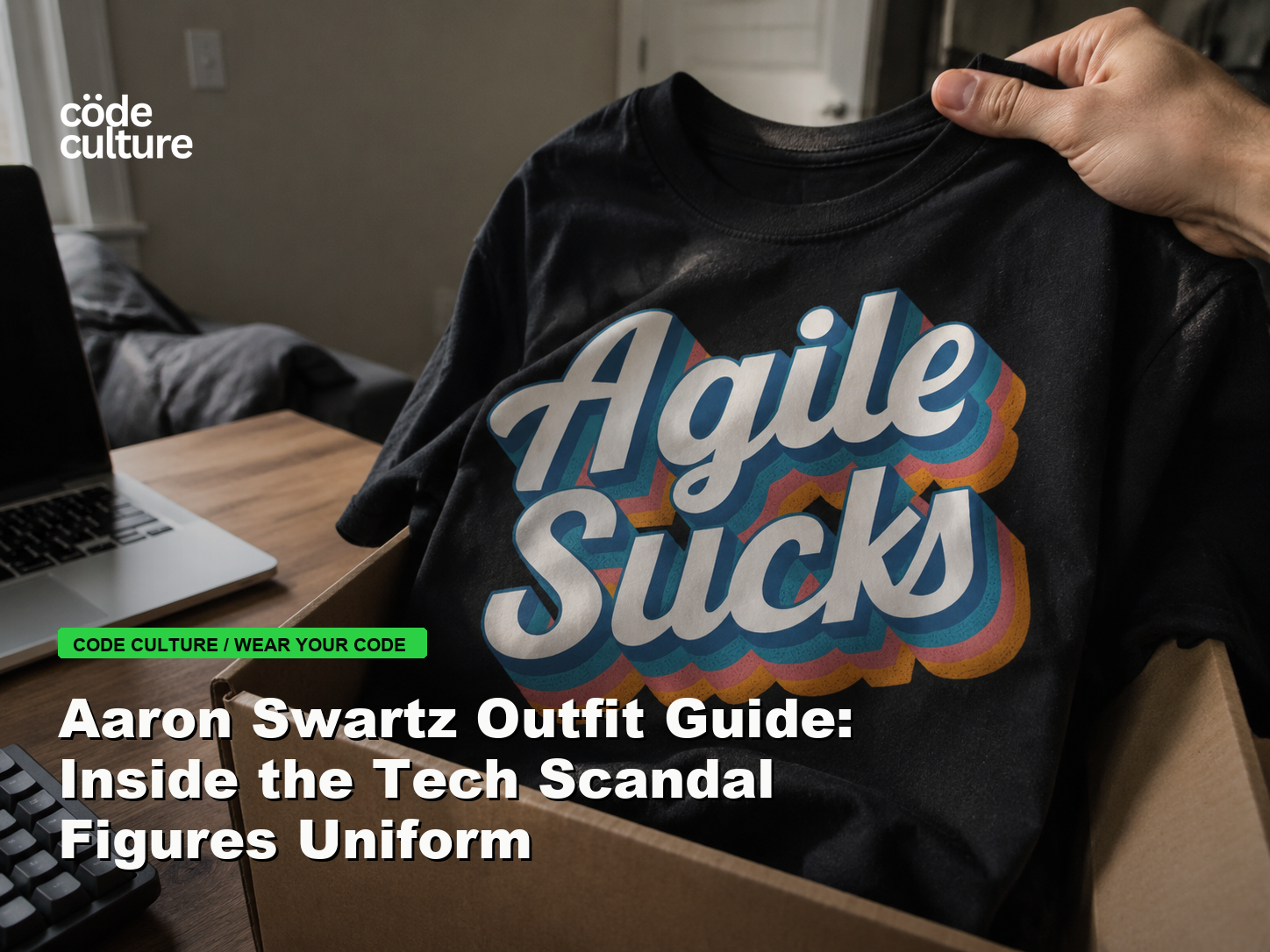 Code Culture blog banner for Aaron Swartz Outfit Guide: Inside the Tech Scandal Figures Uniform, featuring a agile suck developer t-shirt.