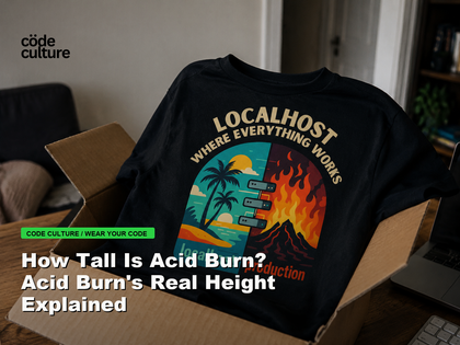 Code Culture blog banner for How Tall Is Acid Burn? Acid Burn's Real Height Explained, featuring a localhost production developer t-shirt.