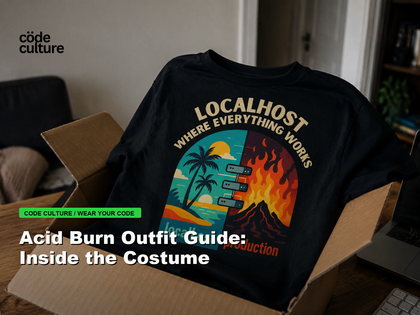 Code Culture blog banner for Acid Burn Outfit Guide: Inside the Costume, featuring a localhost production developer t-shirt.