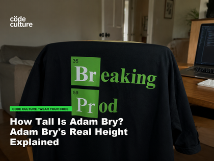 Code Culture blog banner for How Tall Is Adam Bry? Adam Bry's Real Height Explained, featuring a 35 breaking 59 prod developer t-shirt.