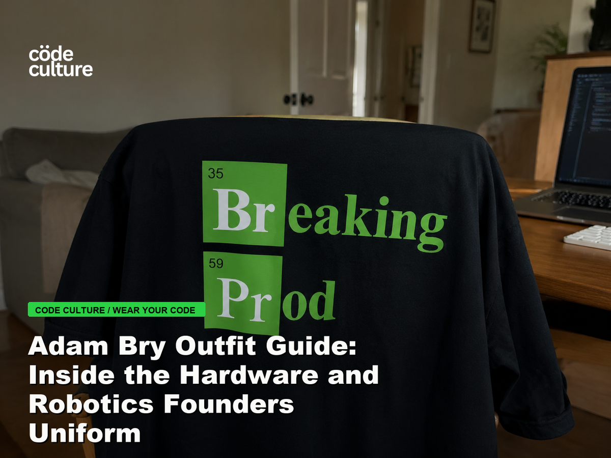 Code Culture blog banner for Adam Bry Outfit Guide: Inside the Hardware and Robotics Founders Uniform, featuring a 35 breaking 59 prod developer t-shirt.