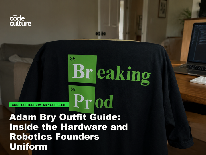 Code Culture blog banner for Adam Bry Outfit Guide: Inside the Hardware and Robotics Founders Uniform, featuring a 35 breaking 59 prod developer t-shirt.