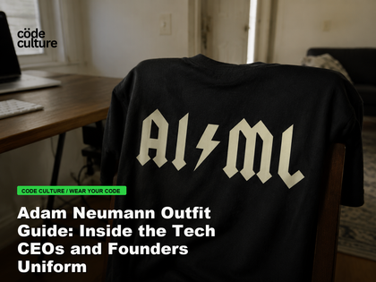 Code Culture blog banner for Adam Neumann Outfit Guide: Inside the Tech CEOs and Founders Uniform, featuring a aiml 100416 developer t-shirt.