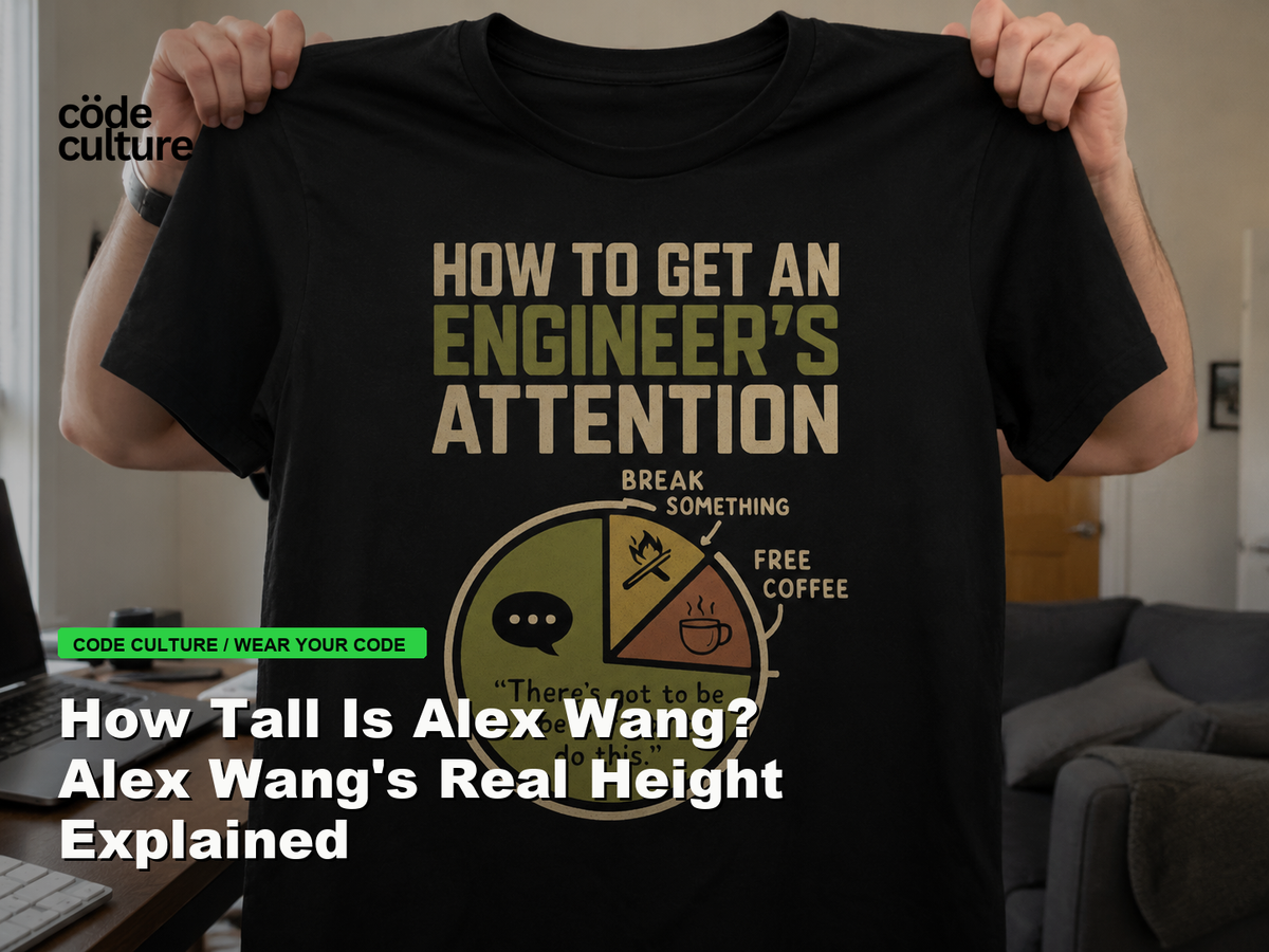 Code Culture blog banner for How Tall Is Alex Wang? Alex Wang's Real Height Explained, featuring a how to get an engineer attention developer t-shirt.