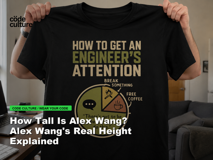 Code Culture blog banner for How Tall Is Alex Wang? Alex Wang's Real Height Explained, featuring a how to get an engineer attention developer t-shirt.