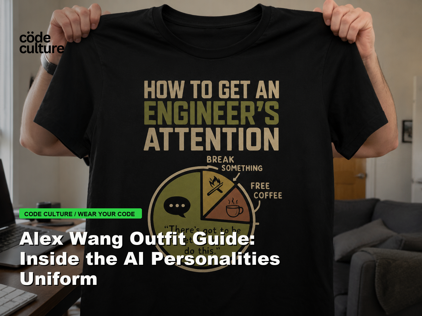 Code Culture blog banner for Alex Wang Outfit Guide: Inside the AI Personalities Uniform, featuring a how to get an engineer attention developer t-shirt.