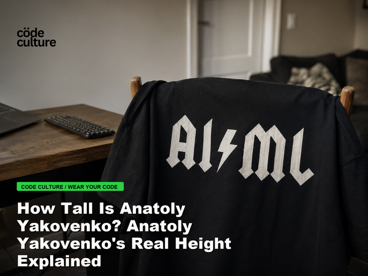 Code Culture blog banner for How Tall Is Anatoly Yakovenko? Anatoly Yakovenko's Real Height Explained, featuring a aiml 100416 developer t-shirt.