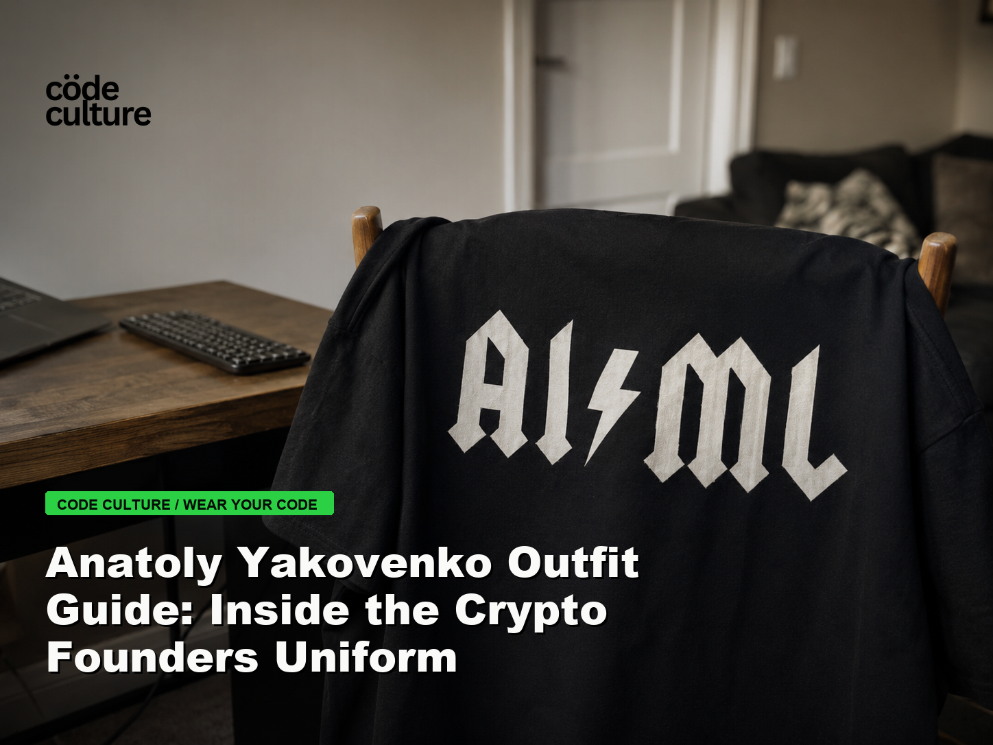 Code Culture blog banner for Anatoly Yakovenko Outfit Guide: Inside the Crypto Founders Uniform, featuring a aiml 100416 developer t-shirt.