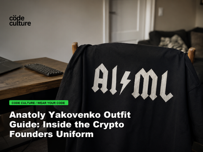 Code Culture blog banner for Anatoly Yakovenko Outfit Guide: Inside the Crypto Founders Uniform, featuring a aiml 100416 developer t-shirt.