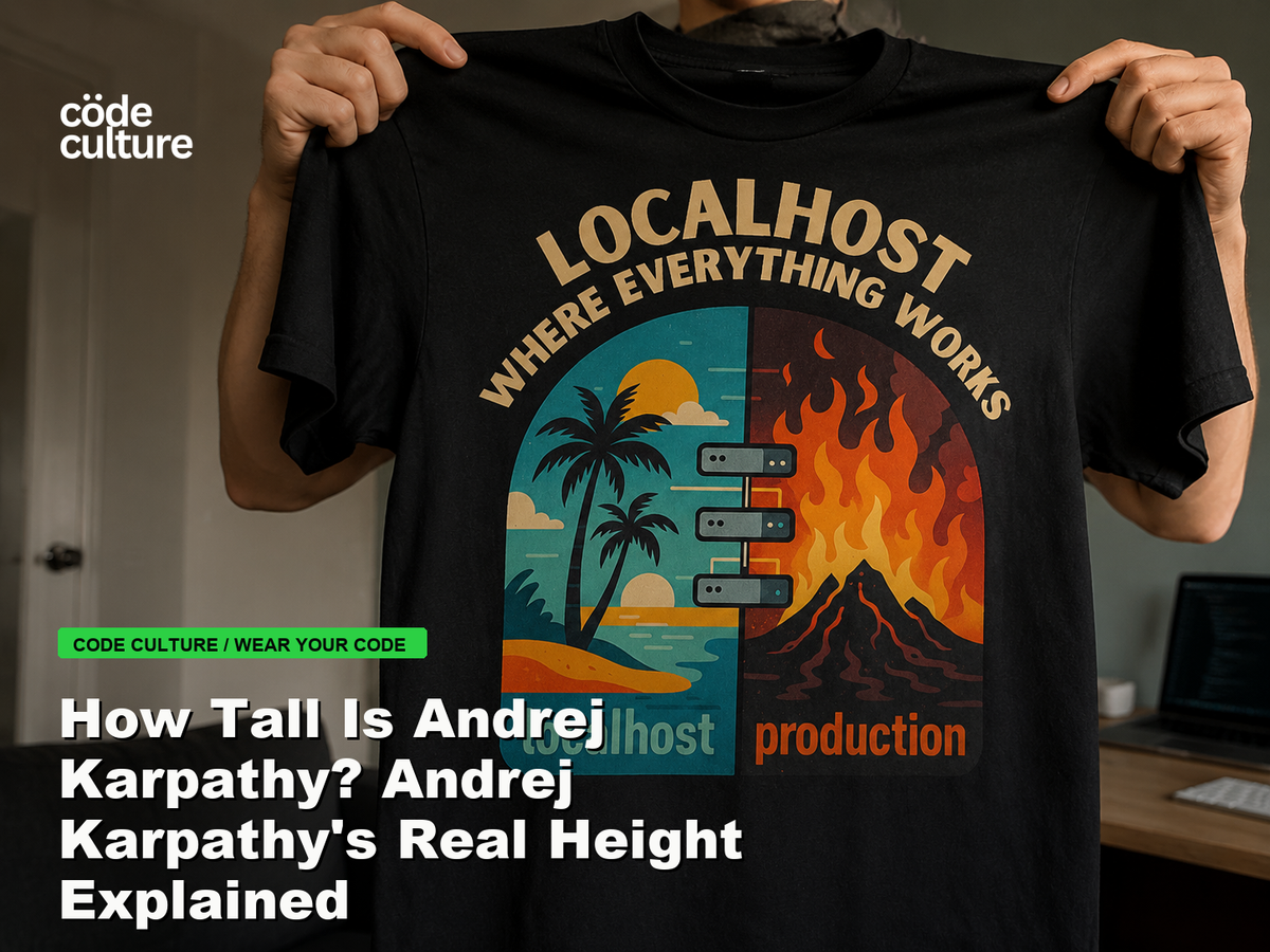 Code Culture blog banner for How Tall Is Andrej Karpathy? Andrej Karpathy's Real Height Explained, featuring a localhost production developer t-shirt.