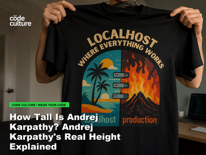 Code Culture blog banner for How Tall Is Andrej Karpathy? Andrej Karpathy's Real Height Explained, featuring a localhost production developer t-shirt.