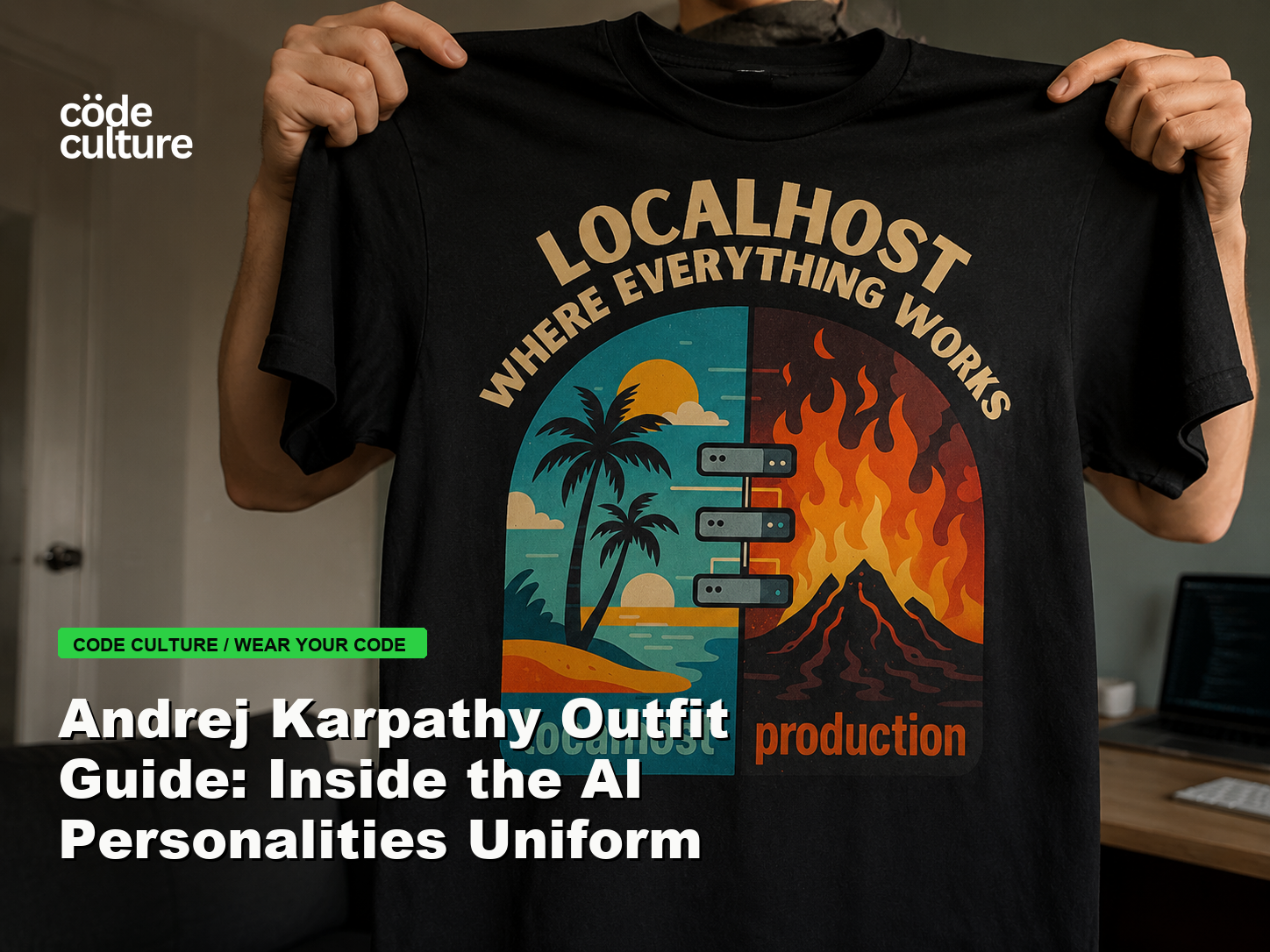 Code Culture blog banner for Andrej Karpathy Outfit Guide: Inside the AI Personalities Uniform, featuring a localhost production developer t-shirt.