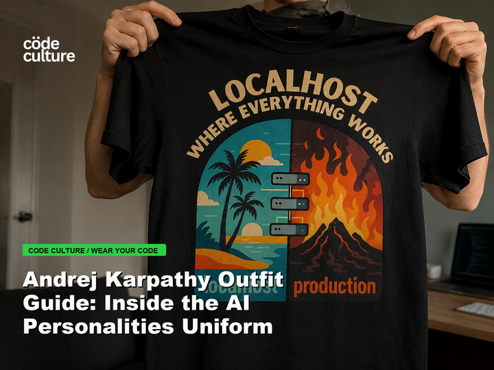 Code Culture blog banner for Andrej Karpathy Outfit Guide: Inside the AI Personalities Uniform, featuring a localhost production developer t-shirt.