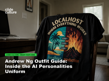 Code Culture blog banner for Andrew Ng Outfit Guide: Inside the AI Personalities Uniform, featuring a localhost production developer t-shirt.