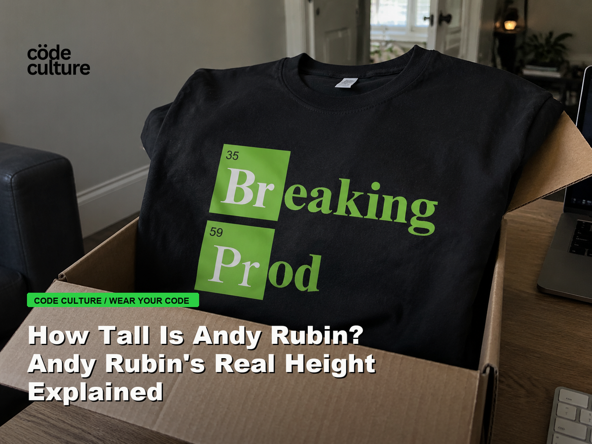 Code Culture blog banner for How Tall Is Andy Rubin? Andy Rubin's Real Height Explained, featuring a 35 breaking 59 prod developer t-shirt.
