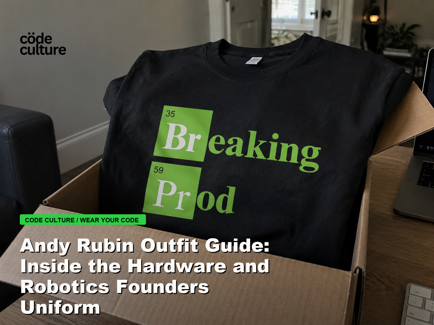 Code Culture blog banner for Andy Rubin Outfit Guide: Inside the Hardware and Robotics Founders Uniform, featuring a 35 breaking 59 prod developer t-shirt.
