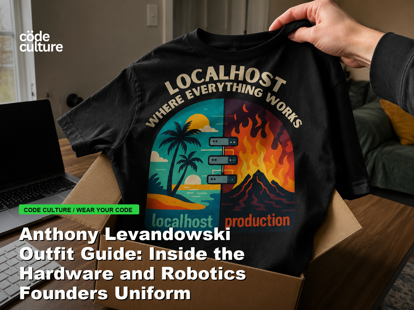 Code Culture blog banner for Anthony Levandowski Outfit Guide: Inside the Hardware and Robotics Founders Uniform, featuring a localhost production developer t-shirt.
