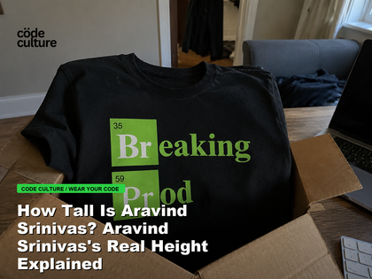 Code Culture blog banner for How Tall Is Aravind Srinivas? Aravind Srinivas's Real Height Explained, featuring a 35 breaking 59 prod developer t-shirt.