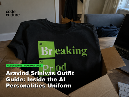 Code Culture blog banner for Aravind Srinivas Outfit Guide: Inside the AI Personalities Uniform, featuring a 35 breaking 59 prod developer t-shirt.