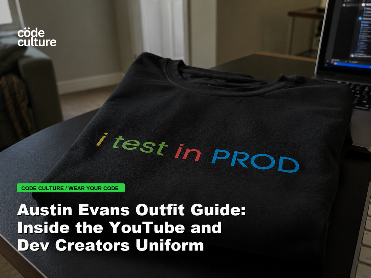 Code Culture blog banner for Austin Evans Outfit Guide: Inside the YouTube and Dev Creators Uniform, featuring a i test in prod developer t-shirt.