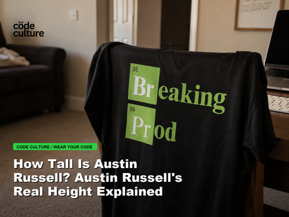 Code Culture blog banner for How Tall Is Austin Russell? Austin Russell's Real Height Explained, featuring a 35 breaking 59 prod developer t-shirt.