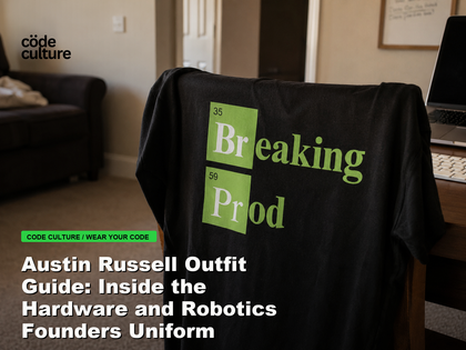 Code Culture blog banner for Austin Russell Outfit Guide: Inside the Hardware and Robotics Founders Uniform, featuring a 35 breaking 59 prod developer t-shirt.
