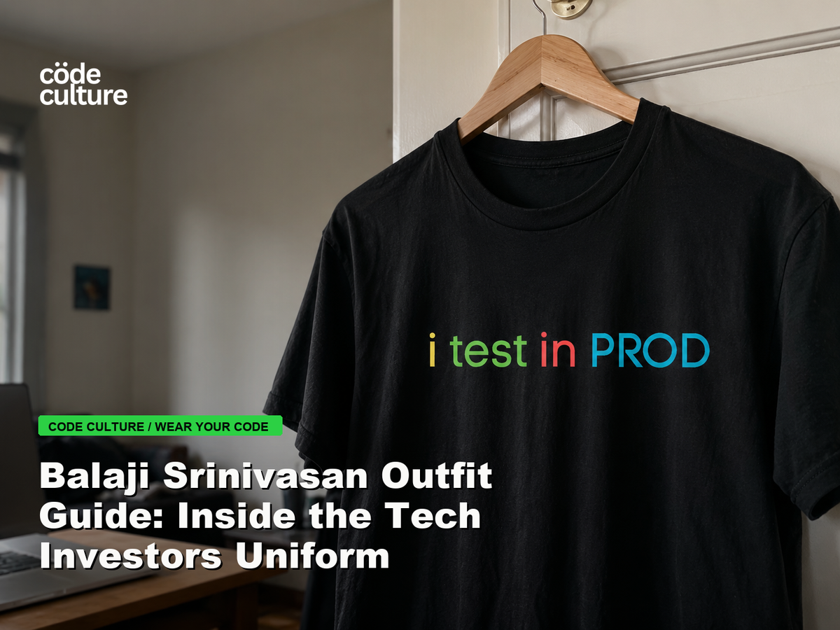 Code Culture blog banner for Balaji Srinivasan Outfit Guide: Inside the Tech Investors Uniform, featuring a i test in prod developer t-shirt.